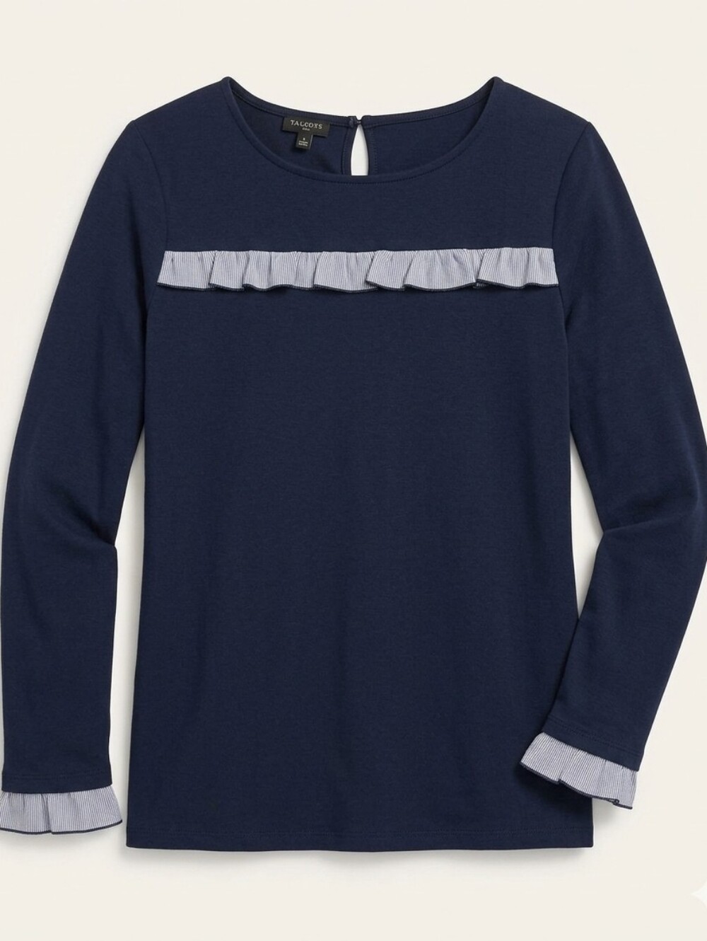 Talbots Petite Women's Long Sleeve Navy Blue Top w/ Ruffle Accent Sz Small P